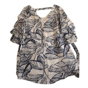 Linen Lux Cream Navy Leaf Print Mini Dress/Tunic Flutter Sleeve Tie Back - Small